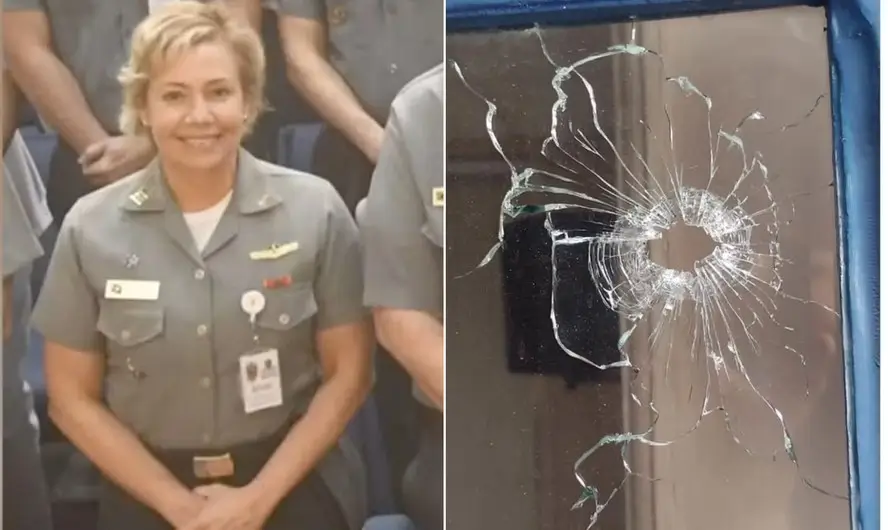 A marca do disparo que atingiu a médica da Marinha Gisele Mendes de Souza e Mello