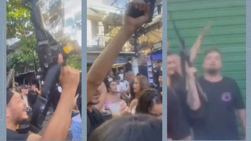 Um vídeo gravado durante o jogo entre Flamengo e Grêmio, pelo Campeonato Brasileiro, no domingo (13), mostra homens armados de pistola e fuzis no meio de moradores de Rio das Pedras