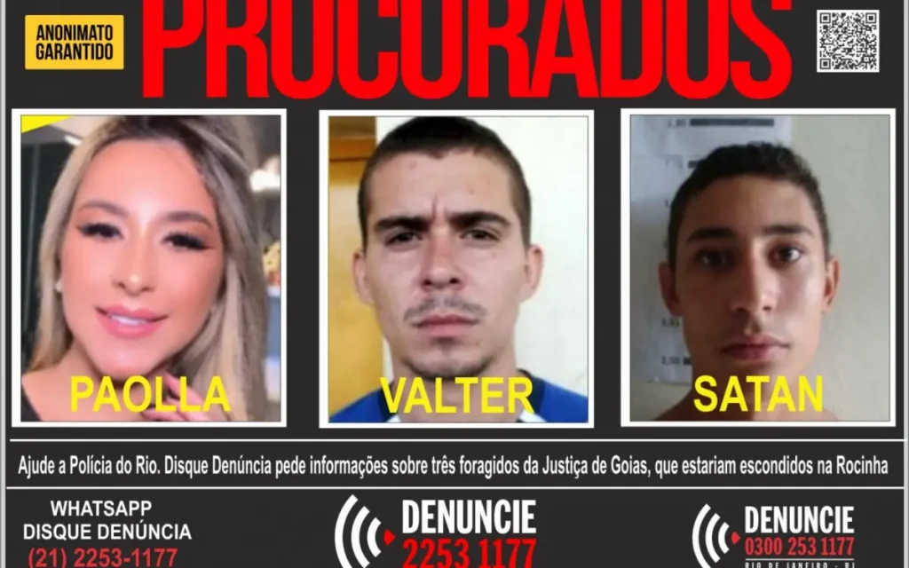 Cartaz do Disque Denúncia por informações sobre Paolla, Quebra-Caixote e Satan