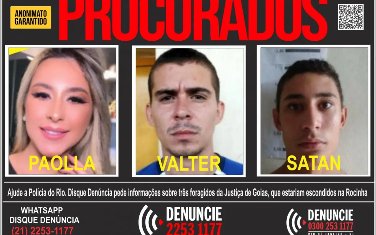 Cartaz do Disque Denúncia por informações sobre Paolla, Quebra-Caixote e Satan