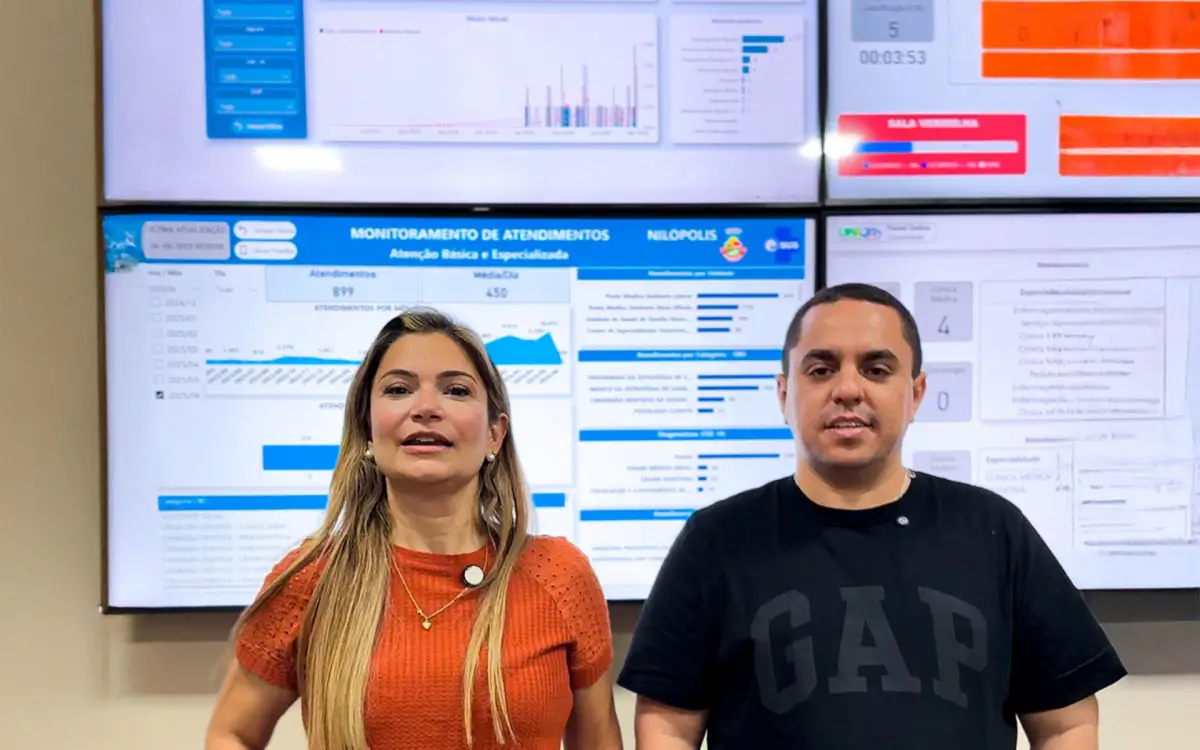 O secretário municipal de Saúde, André Esteves, ao lado da secretária de Educação, Professora Flávia.