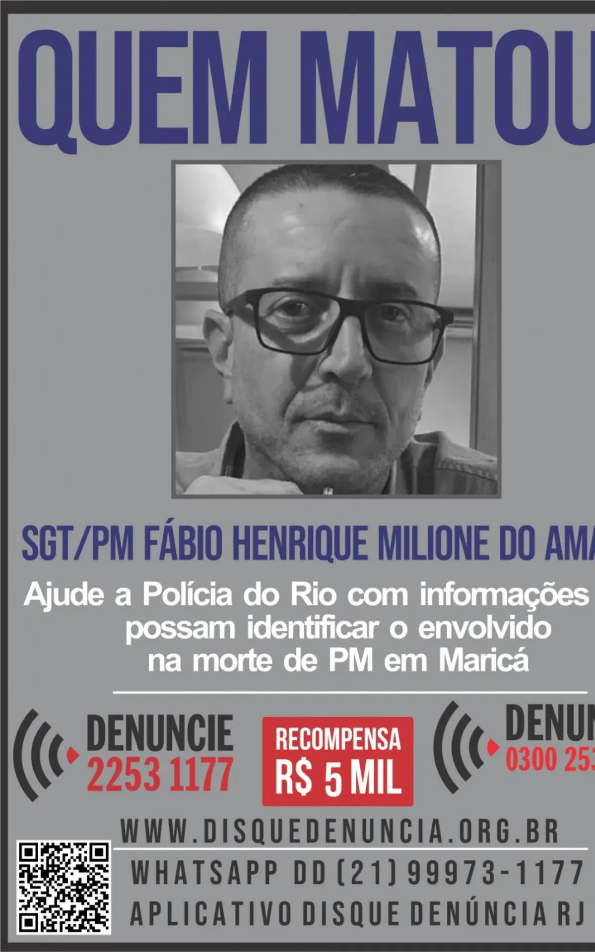 Polícia oferece recompensa por suspeito de matar sargento em Maricá