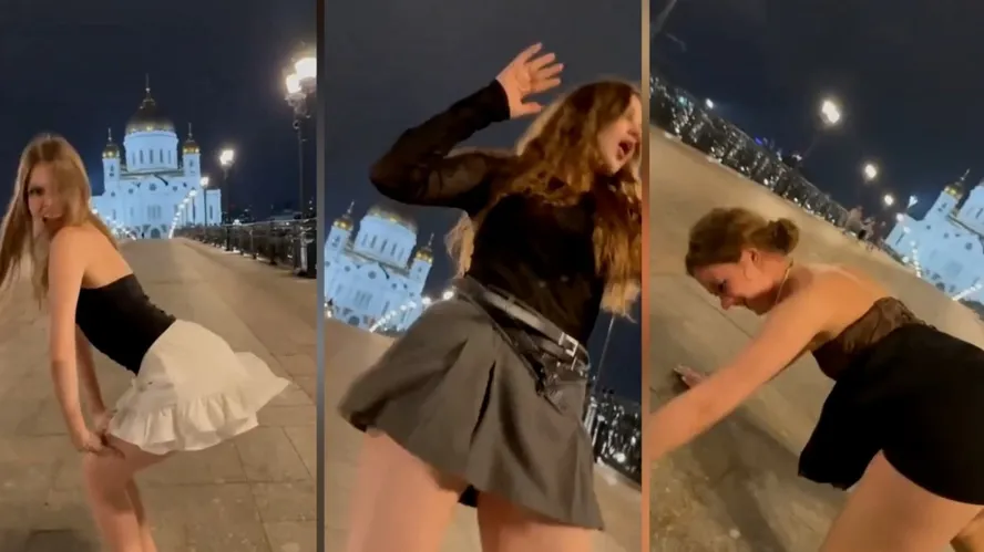 Estudantes universitárias rebolam na frente da catedral de Moscou