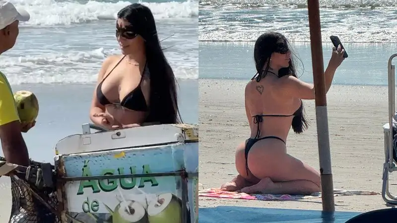 Mulher de máscara e biquíni
