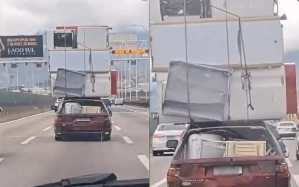 Veículo antigo cruza Ponte Rio-Niterói abarrotado de eletrodomésticos