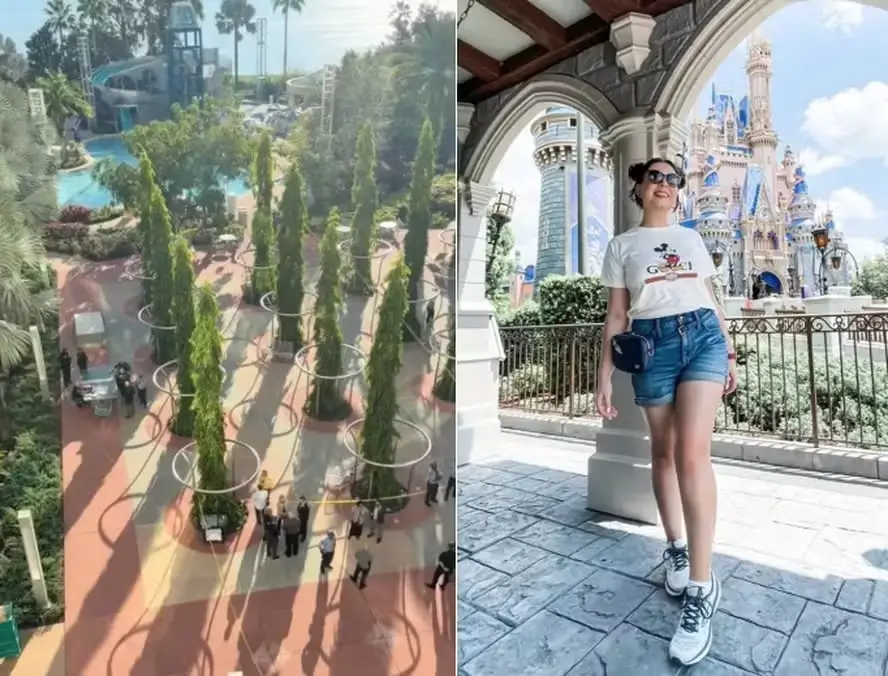 Policiais em pátio de resort da Disney, e Summer Equitz, achada morta no mesmo local