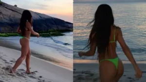 Sabrina Sato posa de biquíni neon na Praia do Sossego