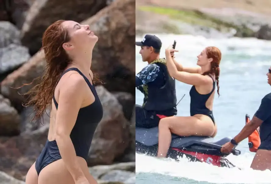 Paolla Oliveira surge de maiô em Copacabana