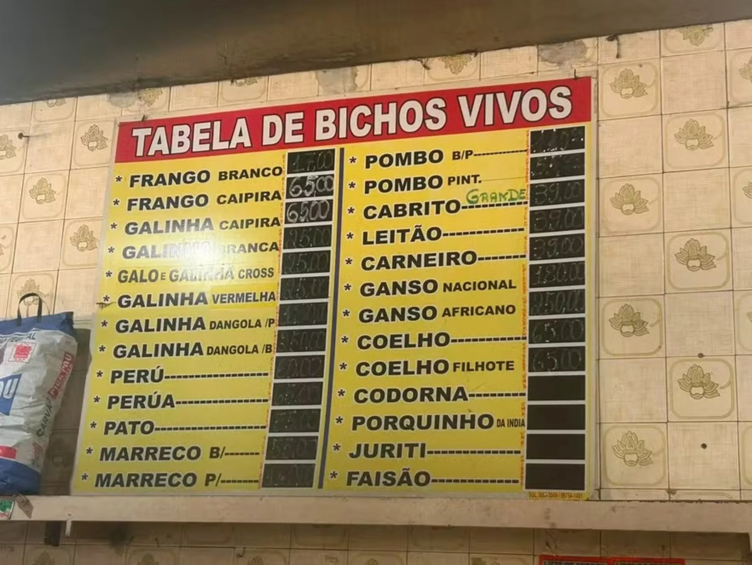 Placa com preços